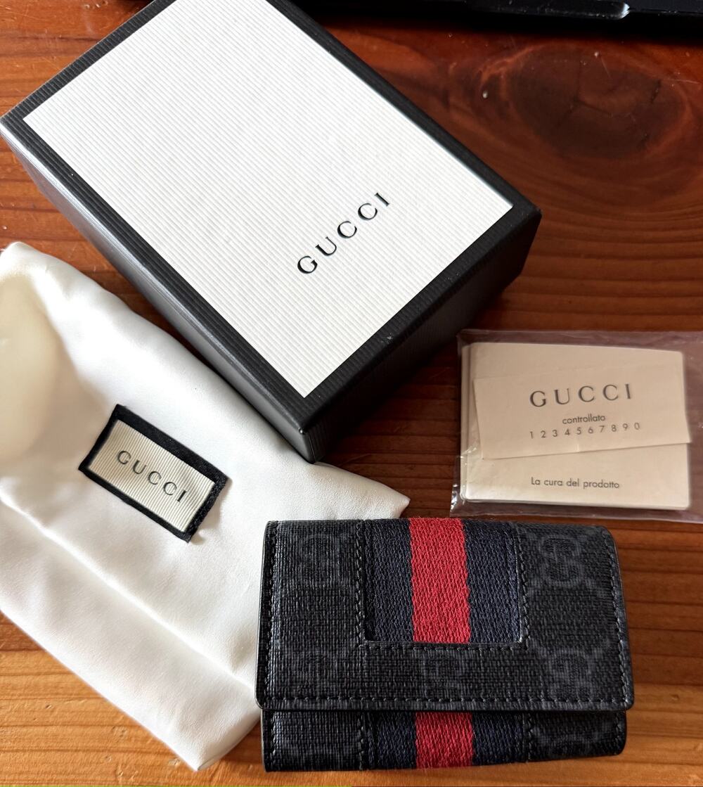 Gucci Black GG Canvas Key & Card Holder with Red Web Stripe full inclusion